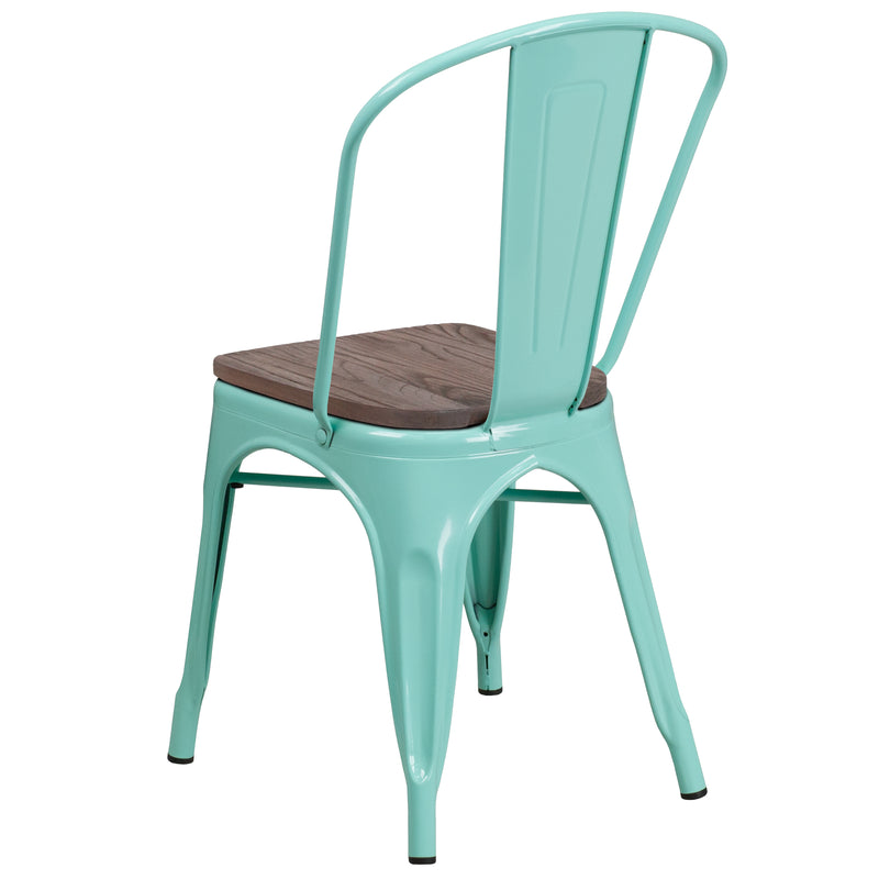 Mint Green Metal Stackable Chair with Wood Seat