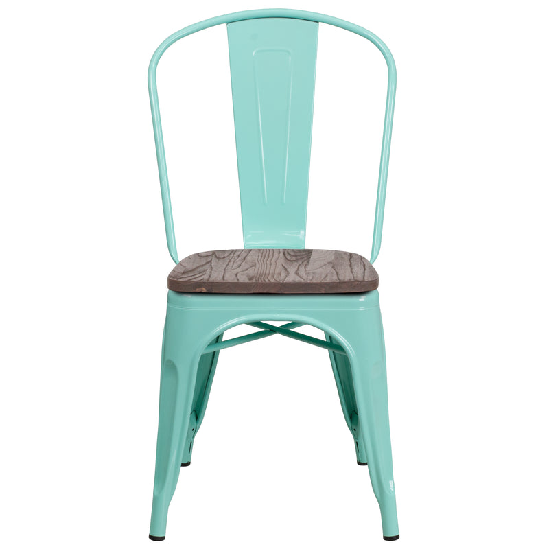 Mint Green Metal Stackable Chair with Wood Seat