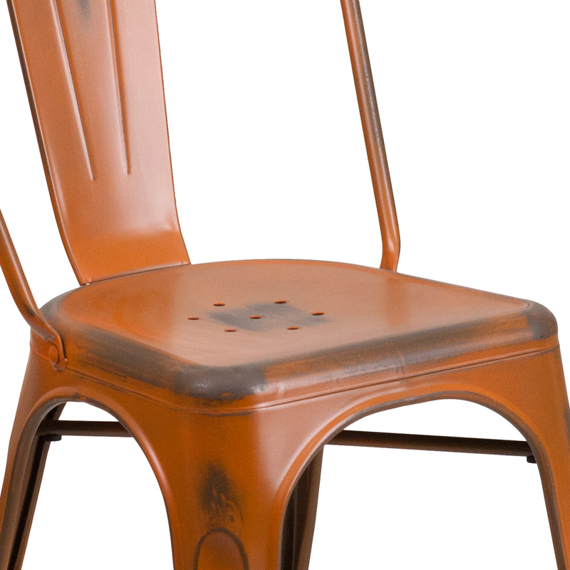 Commercial Grade Distressed Orange Metal Indoor-Outdoor Stackable Chair