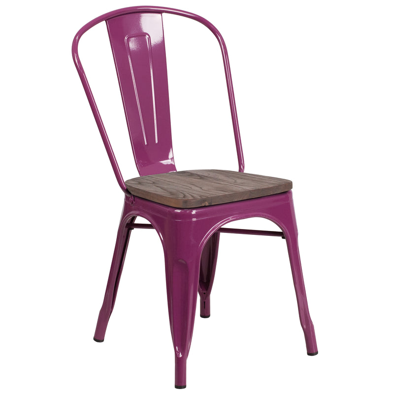 Purple Metal Stackable Chair with Wood Seat