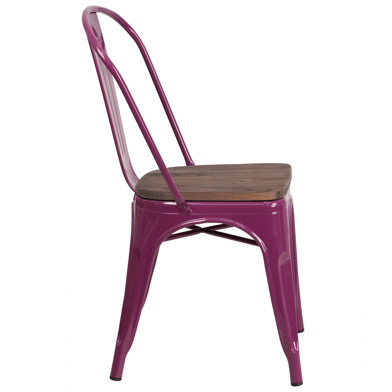 Purple Metal Stackable Chair with Wood Seat