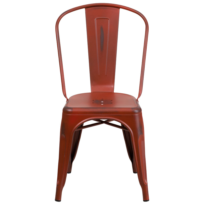 Commercial Grade Distressed Kelly Red Metal Indoor-Outdoor Stackable Chair