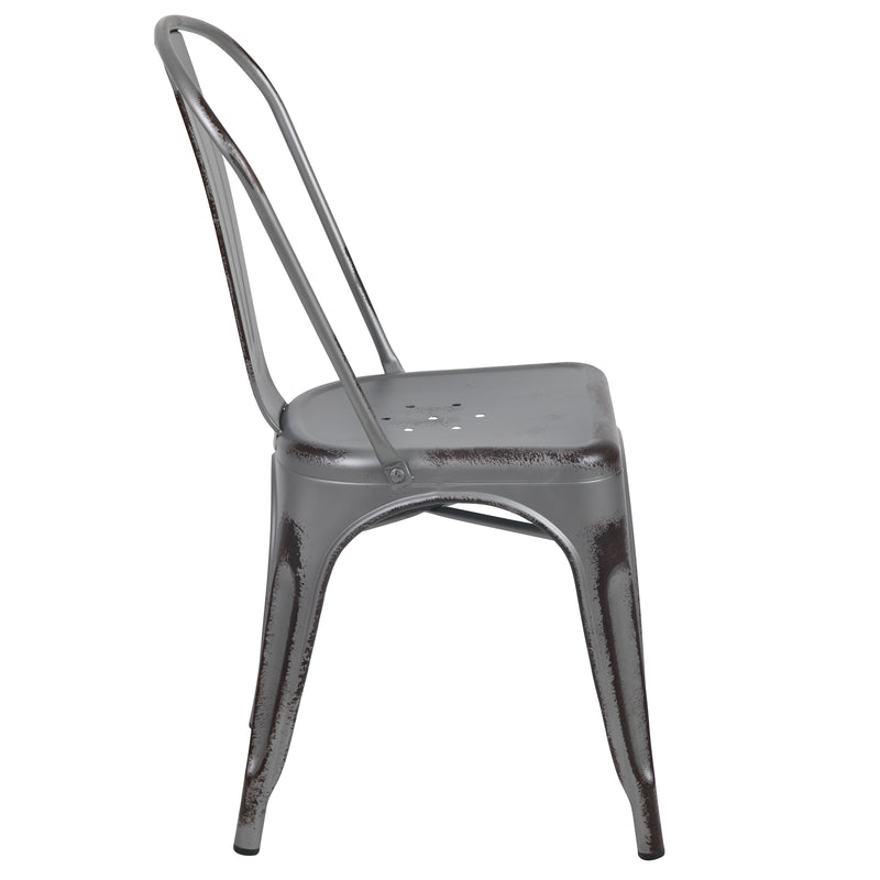 Commercial Grade Distressed Silver Gray Metal Indoor-Outdoor Stackable Chair