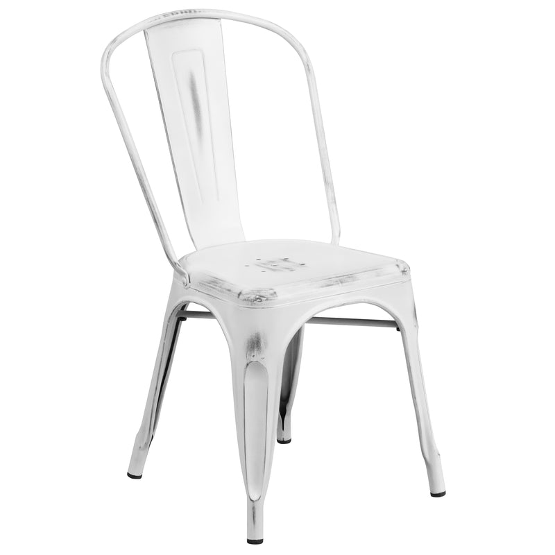 Commercial Grade Distressed White Metal Indoor-Outdoor Stackable Chair