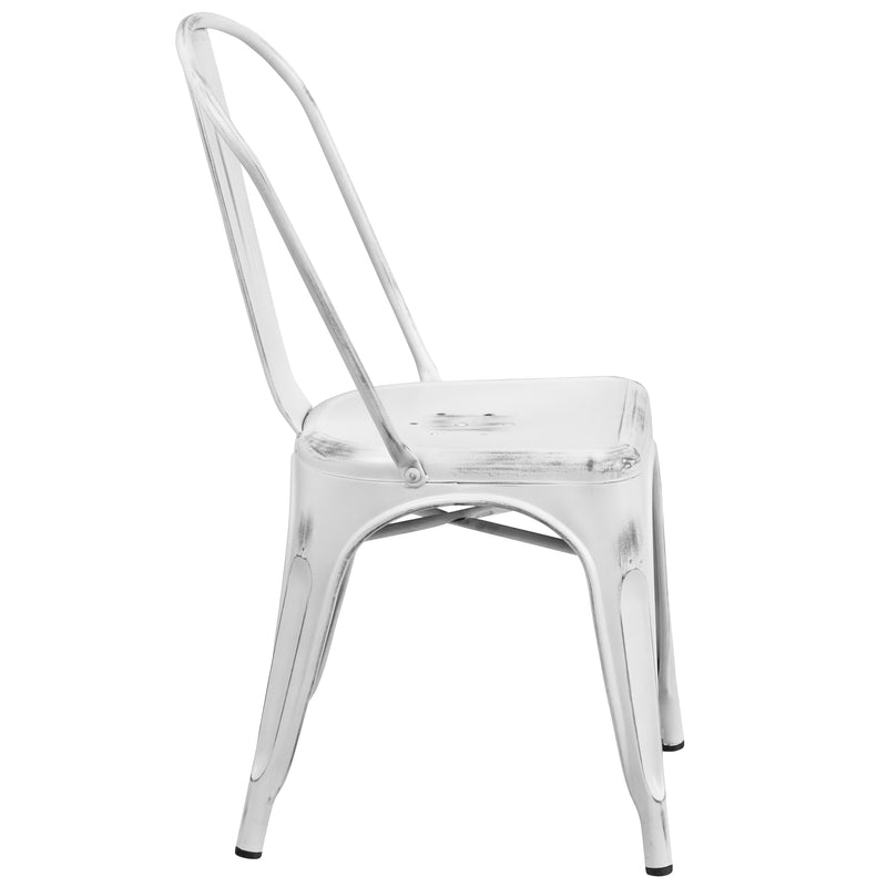 Commercial Grade Distressed White Metal Indoor-Outdoor Stackable Chair