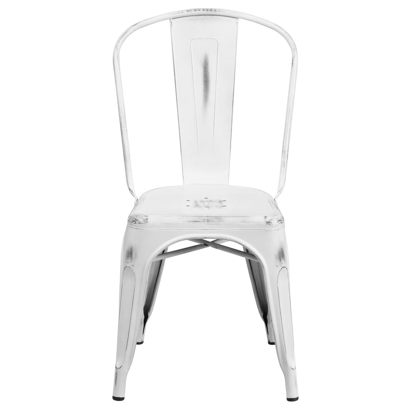 Commercial Grade Distressed White Metal Indoor-Outdoor Stackable Chair