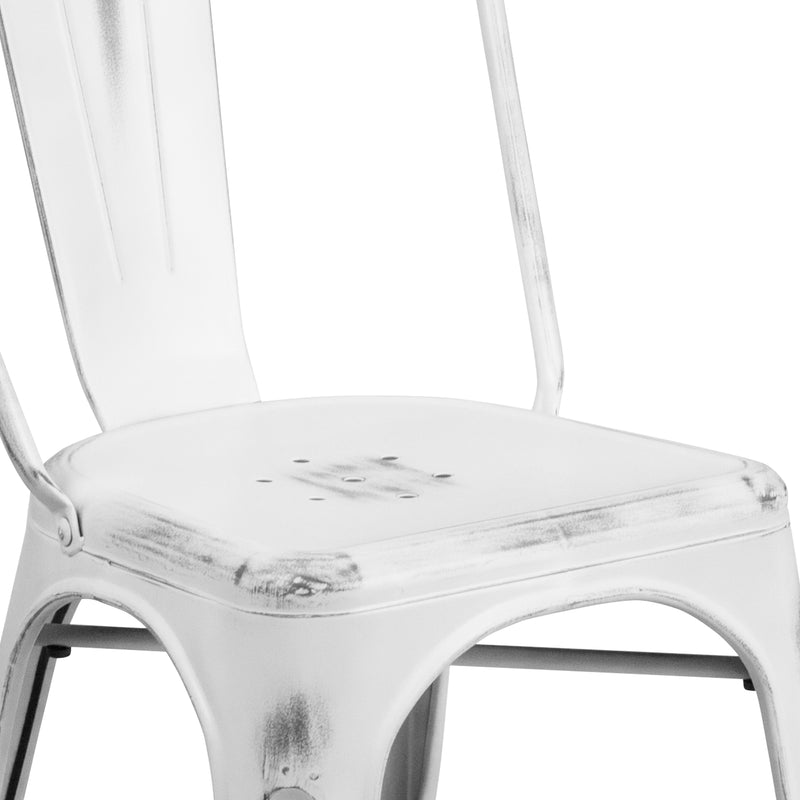 Commercial Grade Distressed White Metal Indoor-Outdoor Stackable Chair