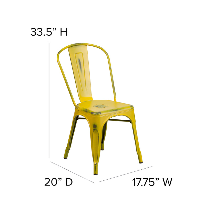 Commercial Grade Distressed Yellow Metal Indoor-Outdoor Stackable Chair