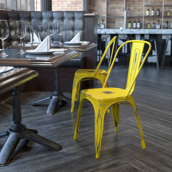 Commercial Grade Distressed Yellow Metal Indoor-Outdoor Stackable Chair