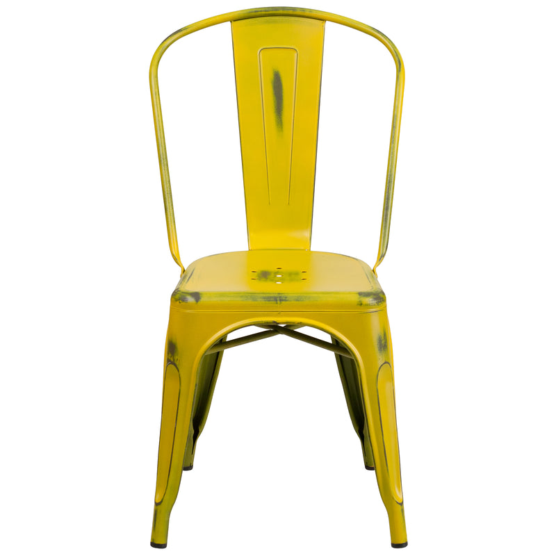 Commercial Grade Distressed Yellow Metal Indoor-Outdoor Stackable Chair