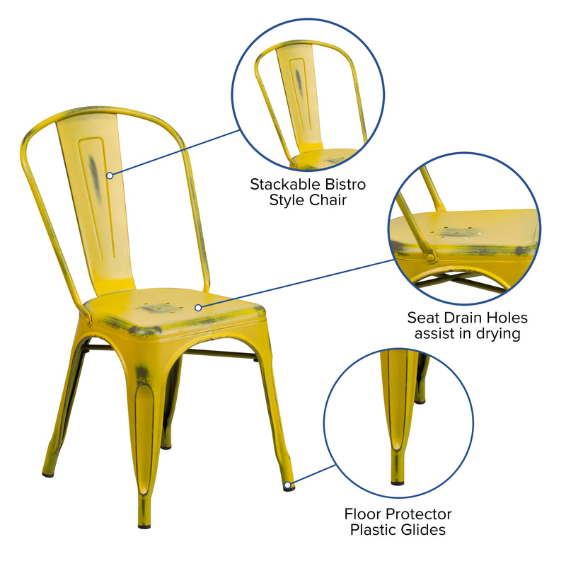 Commercial Grade Distressed Yellow Metal Indoor-Outdoor Stackable Chair