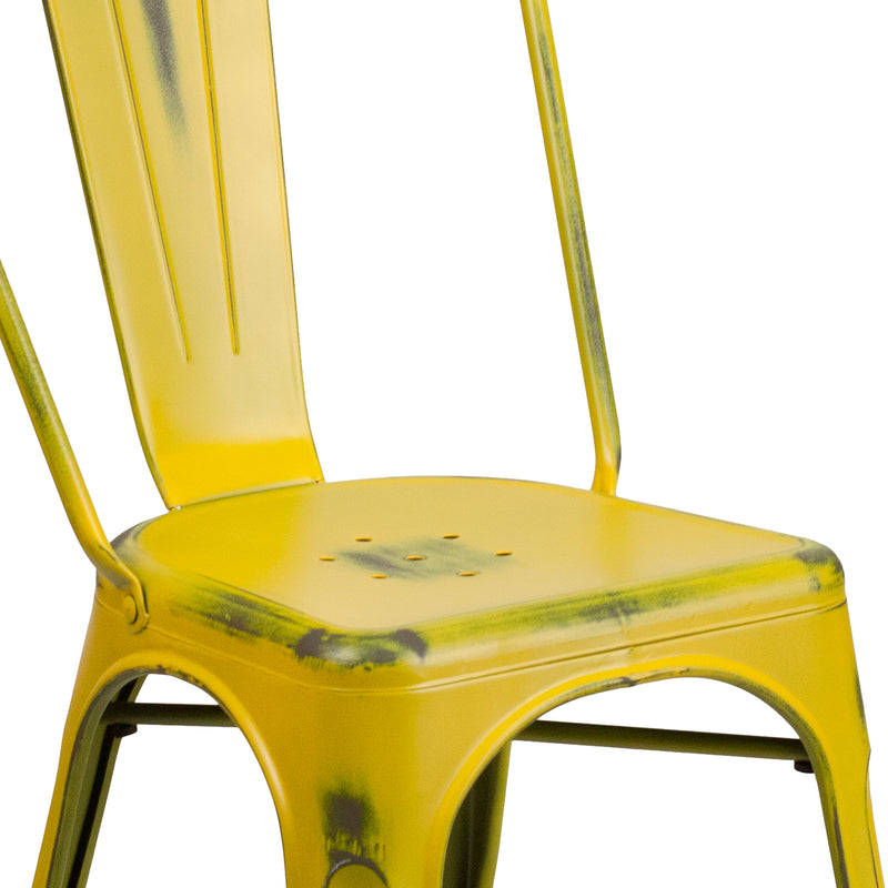 Commercial Grade Distressed Yellow Metal Indoor-Outdoor Stackable Chair