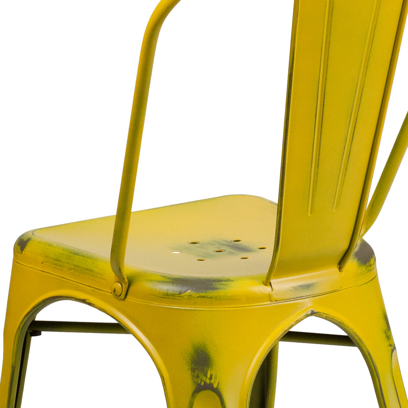 Commercial Grade Distressed Yellow Metal Indoor-Outdoor Stackable Chair