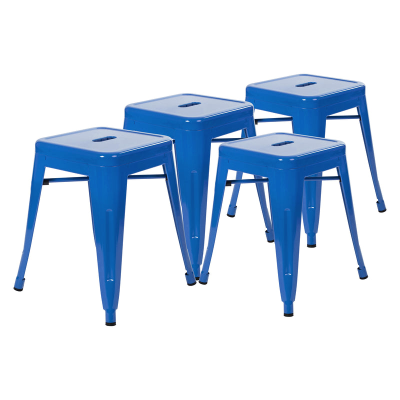 18" Table Height Stool, Stackable Backless Metal Indoor Dining Stool, Commercial Grade Restaurant Stool in Royal Blue - Set of 4