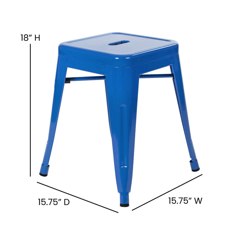 18" Table Height Stool, Stackable Backless Metal Indoor Dining Stool, Commercial Grade Restaurant Stool in Royal Blue - Set of 4