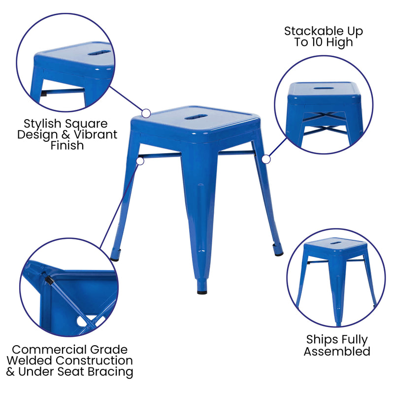 18" Table Height Stool, Stackable Backless Metal Indoor Dining Stool, Commercial Grade Restaurant Stool in Royal Blue - Set of 4