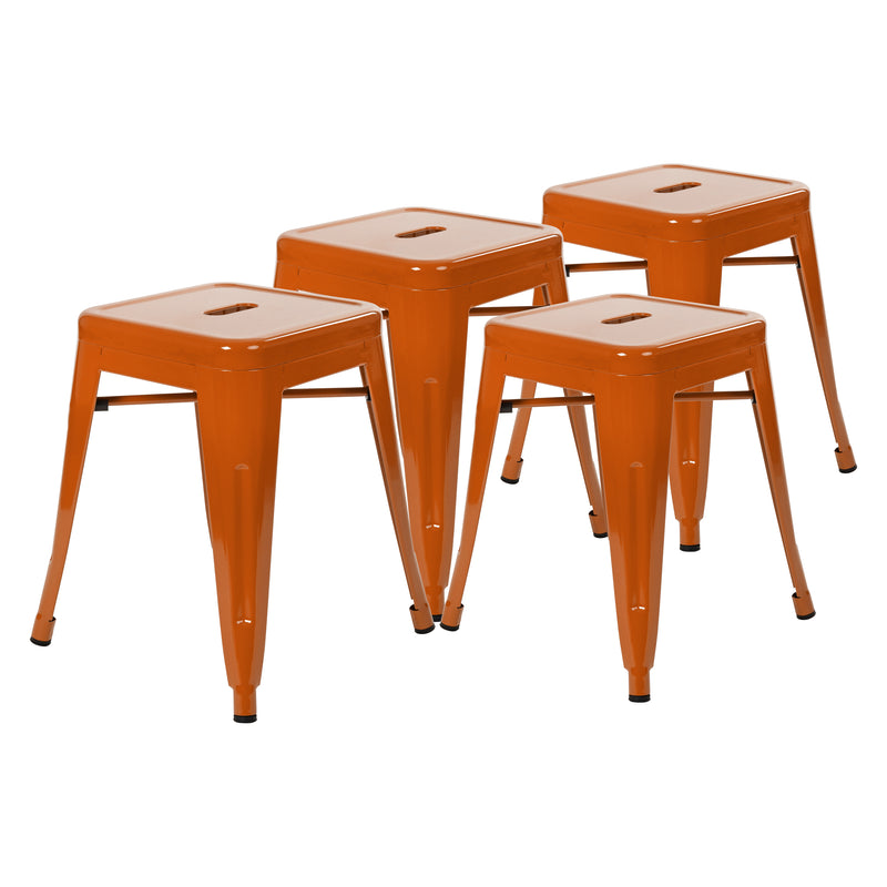 18" Table Height Stool, Stackable Backless Metal Indoor Dining Stool, Commercial Grade Restaurant Stool in Orange - Set of 4