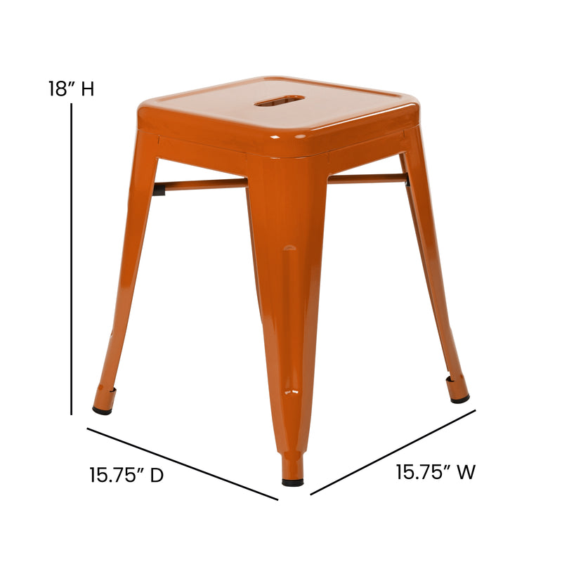 18" Table Height Stool, Stackable Backless Metal Indoor Dining Stool, Commercial Grade Restaurant Stool in Orange - Set of 4