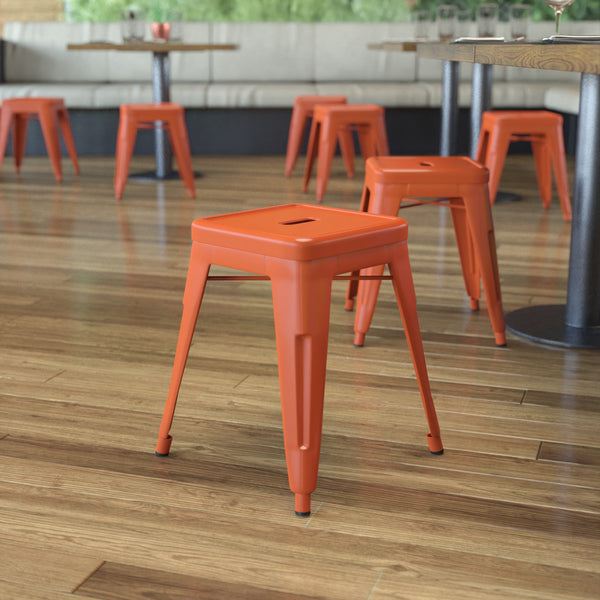 18" Table Height Stool, Stackable Backless Metal Indoor Dining Stool, Commercial Grade Restaurant Stool in Orange - Set of 4