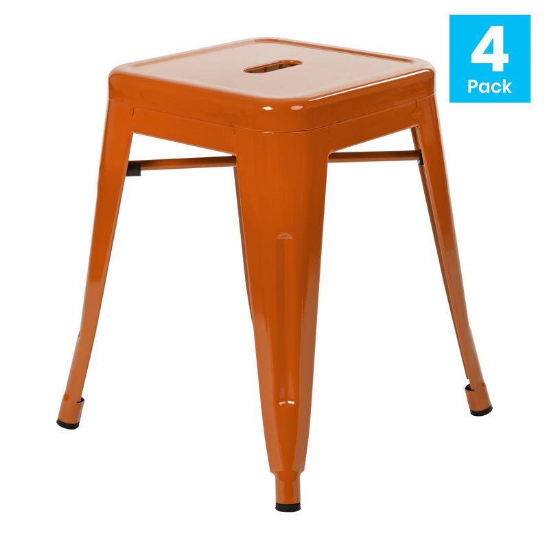 18" Table Height Stool, Stackable Backless Metal Indoor Dining Stool, Commercial Grade Restaurant Stool in Orange - Set of 4