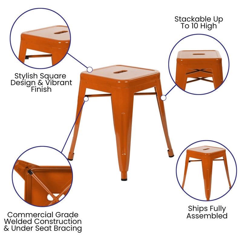 18" Table Height Stool, Stackable Backless Metal Indoor Dining Stool, Commercial Grade Restaurant Stool in Orange - Set of 4