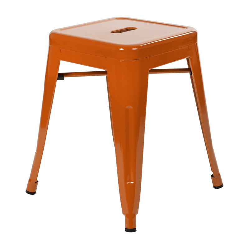 18" Table Height Stool, Stackable Backless Metal Indoor Dining Stool, Commercial Grade Restaurant Stool in Orange - Set of 4