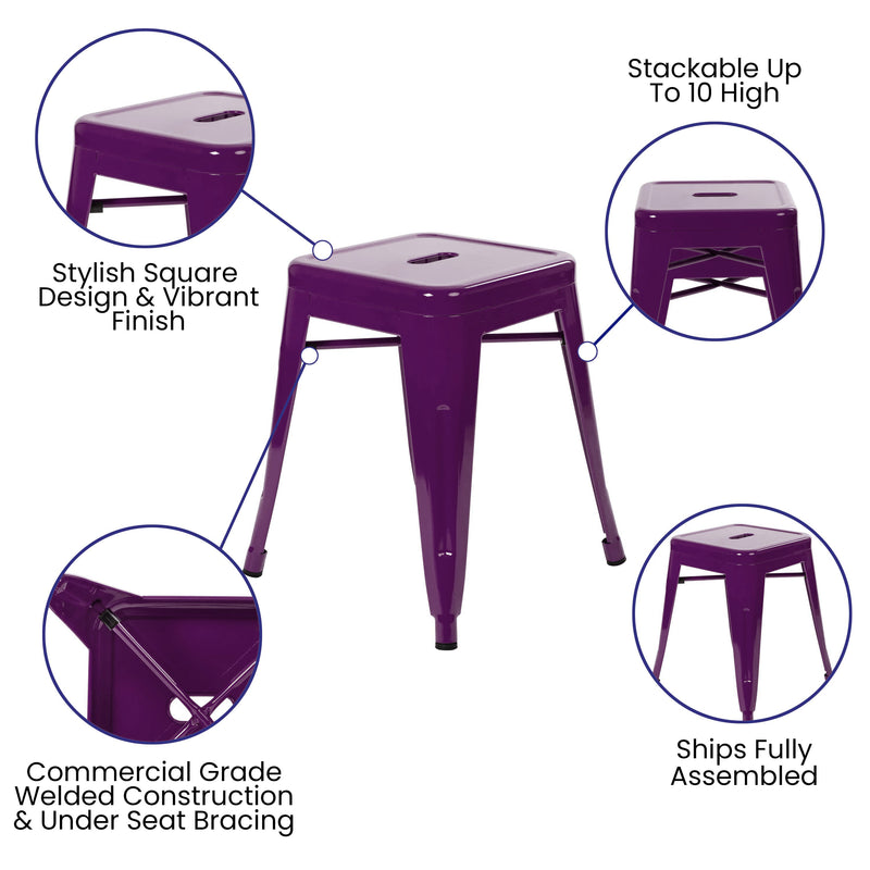 18" Table Height Stool, Stackable Backless Metal Indoor Dining Stool, Commercial Grade Restaurant Stool in Purple - Set of 4