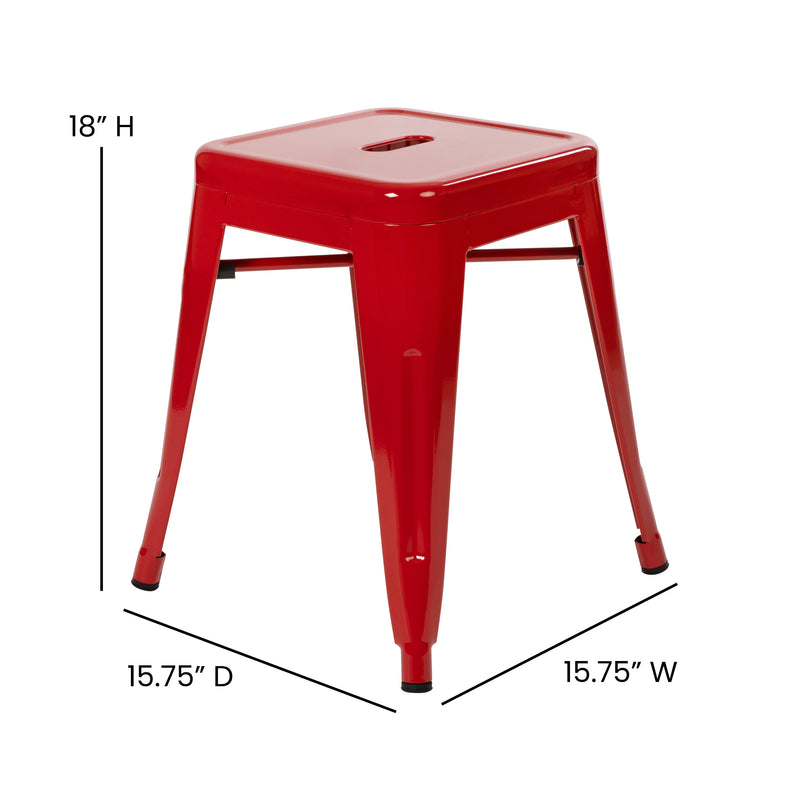 18" Table Height Stool, Stackable Backless Metal Indoor Dining Stool, Commercial Grade Restaurant Stool in Red - Set of 4