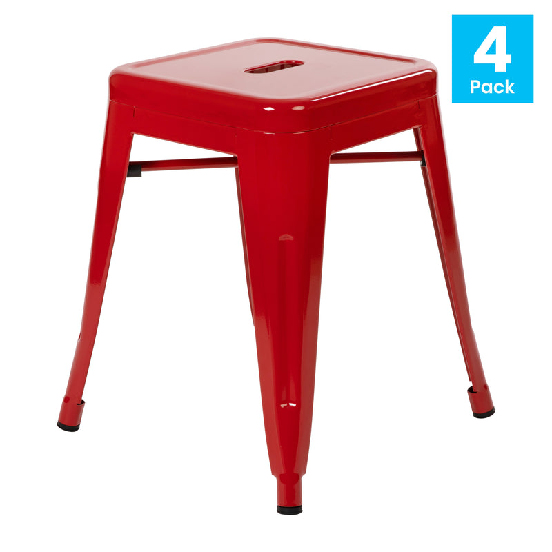 18" Table Height Stool, Stackable Backless Metal Indoor Dining Stool, Commercial Grade Restaurant Stool in Red - Set of 4