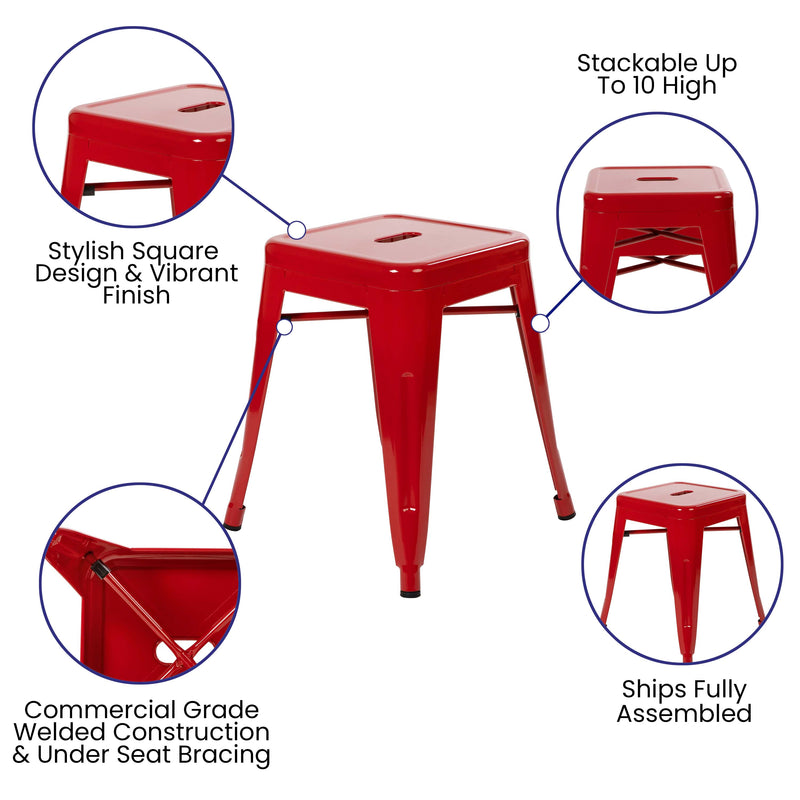 18" Table Height Stool, Stackable Backless Metal Indoor Dining Stool, Commercial Grade Restaurant Stool in Red - Set of 4