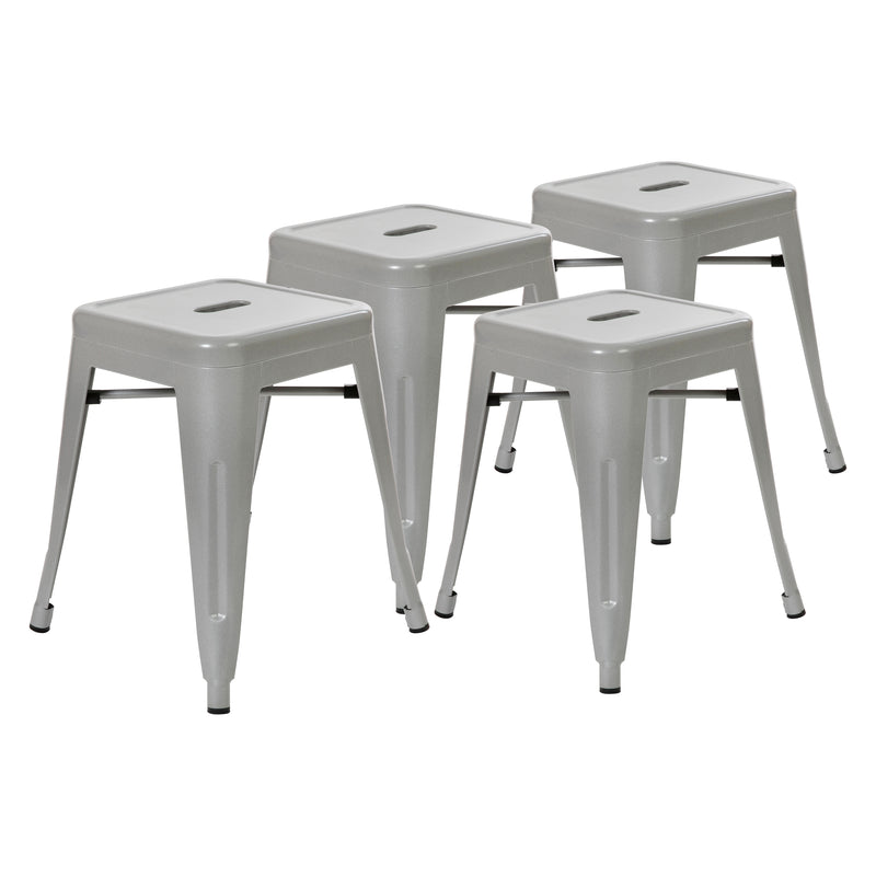 18" Table Height Stool, Stackable Backless Metal Indoor Dining Stool, Commercial Grade Restaurant Stool in Silver - Set of 4