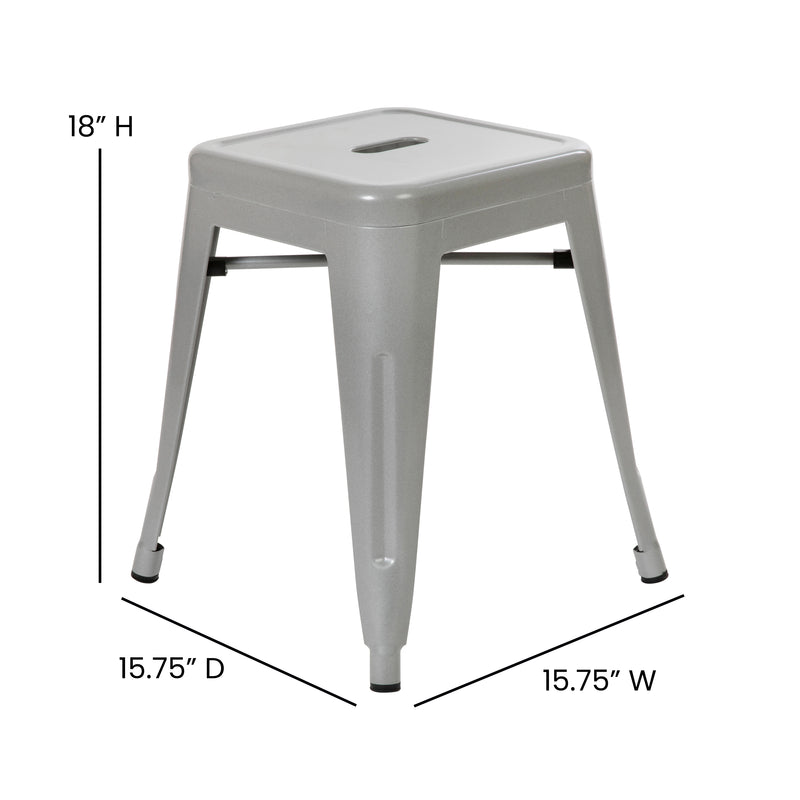 18" Table Height Stool, Stackable Backless Metal Indoor Dining Stool, Commercial Grade Restaurant Stool in Silver - Set of 4