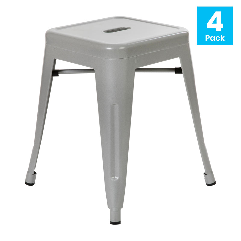 18" Table Height Stool, Stackable Backless Metal Indoor Dining Stool, Commercial Grade Restaurant Stool in Silver - Set of 4