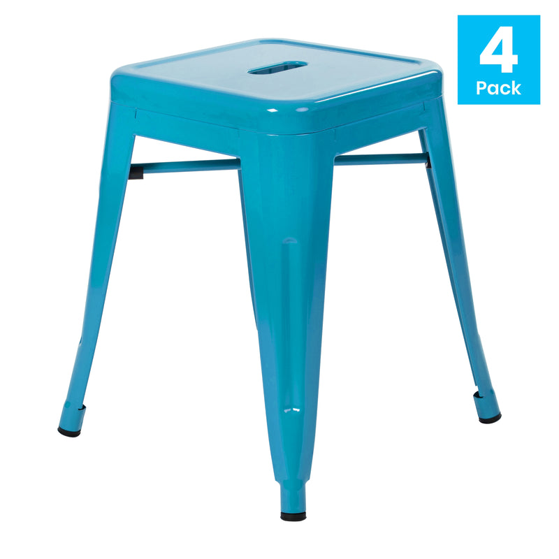 18" Table Height Stool, Stackable Backless Metal Indoor Dining Stool, Commercial Grade Restaurant Stool in Teal - Set of 4