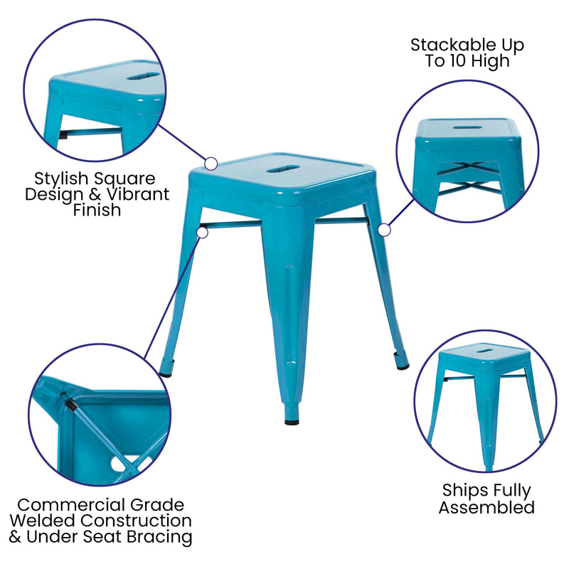 18" Table Height Stool, Stackable Backless Metal Indoor Dining Stool, Commercial Grade Restaurant Stool in Teal - Set of 4