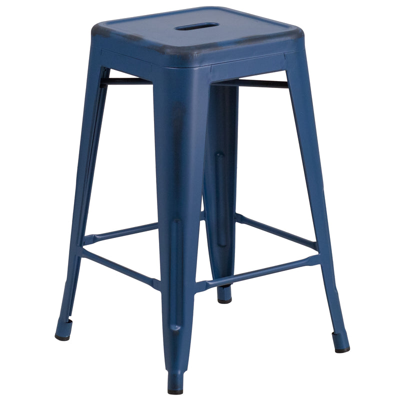 Commercial Grade 24" High Backless Distressed Antique Blue Metal Indoor-Outdoor Counter Height Stool