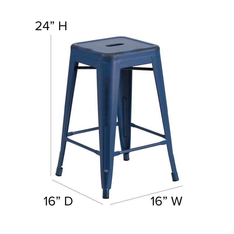 Commercial Grade 24" High Backless Distressed Antique Blue Metal Indoor-Outdoor Counter Height Stool