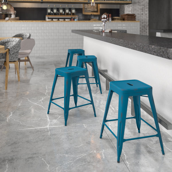 Commercial Grade 24" High Backless Distressed Antique Blue Metal Indoor-Outdoor Counter Height Stool