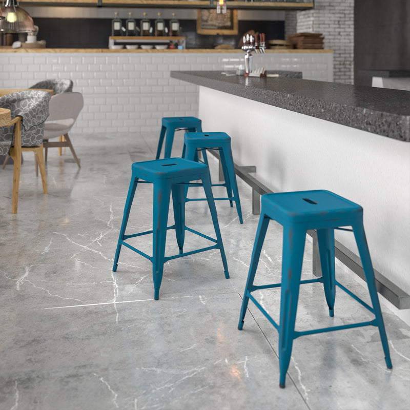 Commercial Grade 24" High Backless Distressed Antique Blue Metal Indoor-Outdoor Counter Height Stool