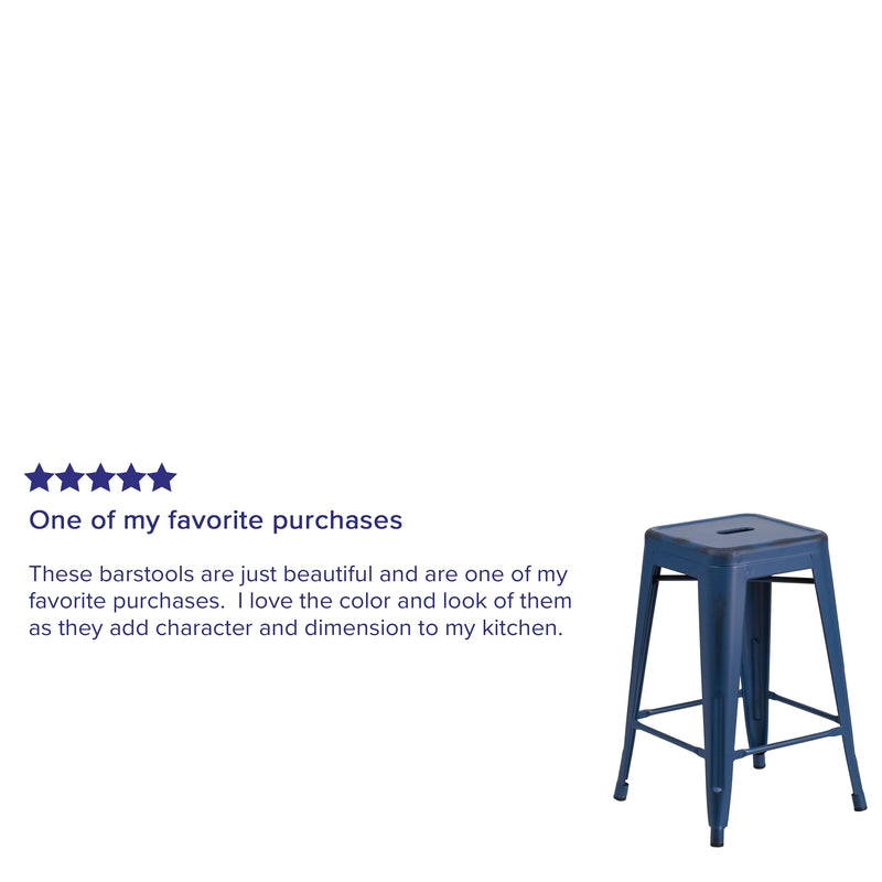 Commercial Grade 24" High Backless Distressed Antique Blue Metal Indoor-Outdoor Counter Height Stool