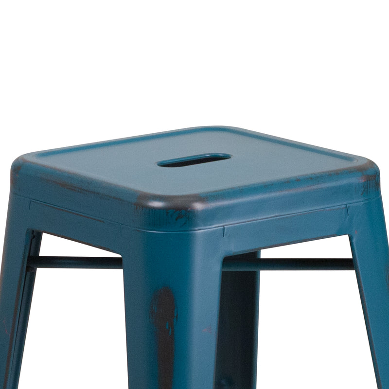 Commercial Grade 24" High Backless Distressed Antique Blue Metal Indoor-Outdoor Counter Height Stool