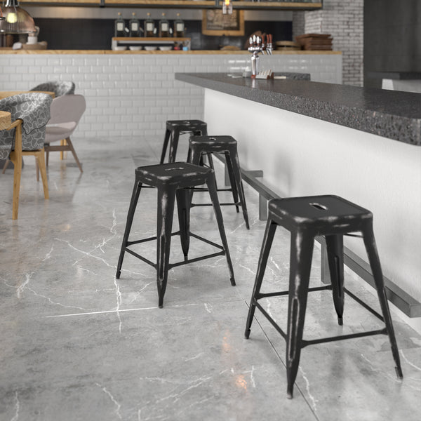 Commercial Grade 24" High Backless Distressed Black Metal Indoor-Outdoor Counter Height Stool