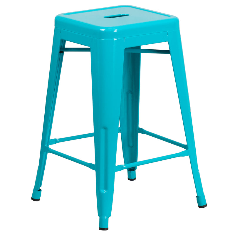 Commercial Grade 24" High Backless Crystal Teal-Blue Indoor-Outdoor Counter Height Stool