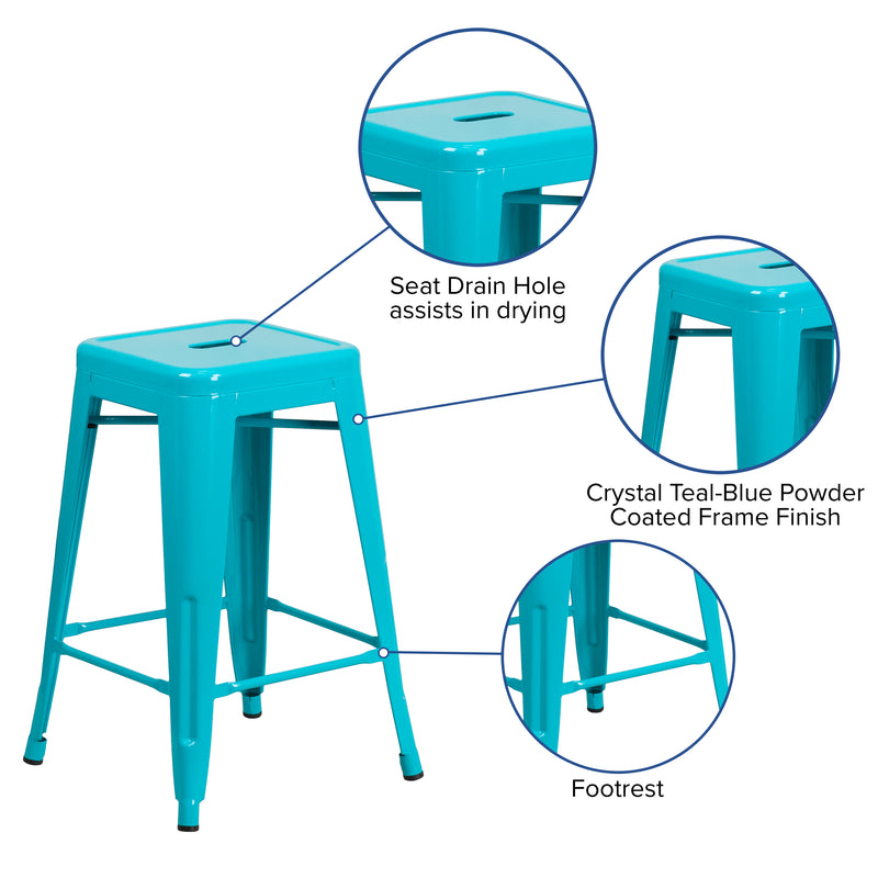 Commercial Grade 24" High Backless Crystal Teal-Blue Indoor-Outdoor Counter Height Stool