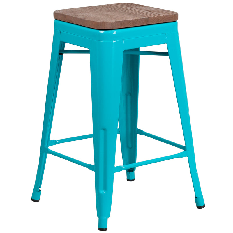 24" High Backless Crystal Teal-Blue Counter Height Stool with Square Wood Seat