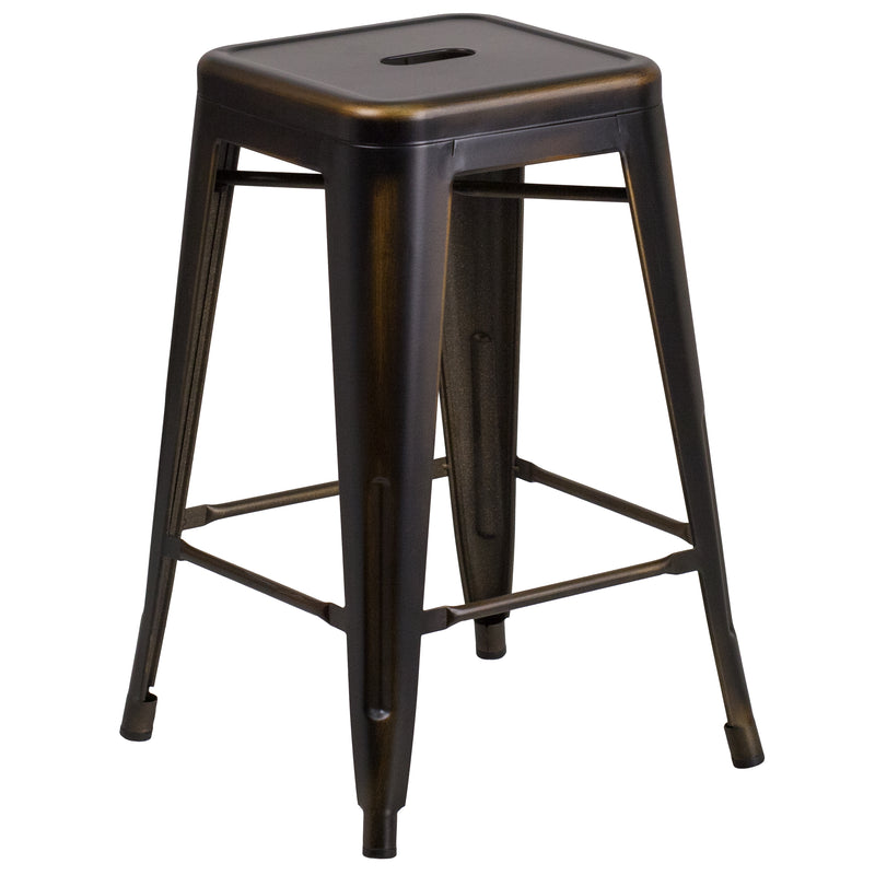 Commercial Grade 24" High Backless Distressed Copper Metal Indoor-Outdoor Counter Height Stool