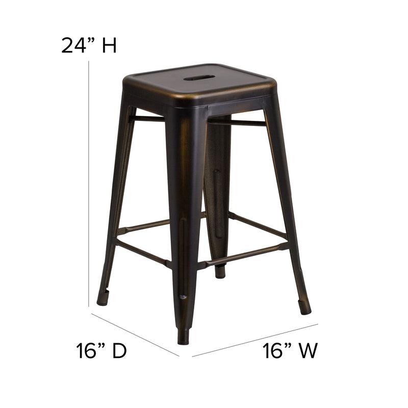 Commercial Grade 24" High Backless Distressed Copper Metal Indoor-Outdoor Counter Height Stool