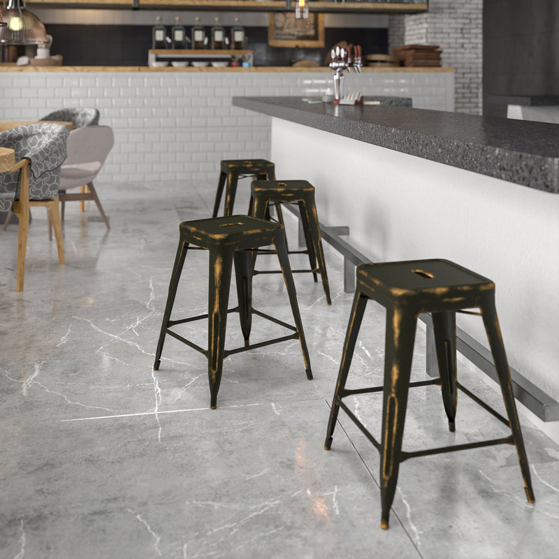 Commercial Grade 24" High Backless Distressed Copper Metal Indoor-Outdoor Counter Height Stool