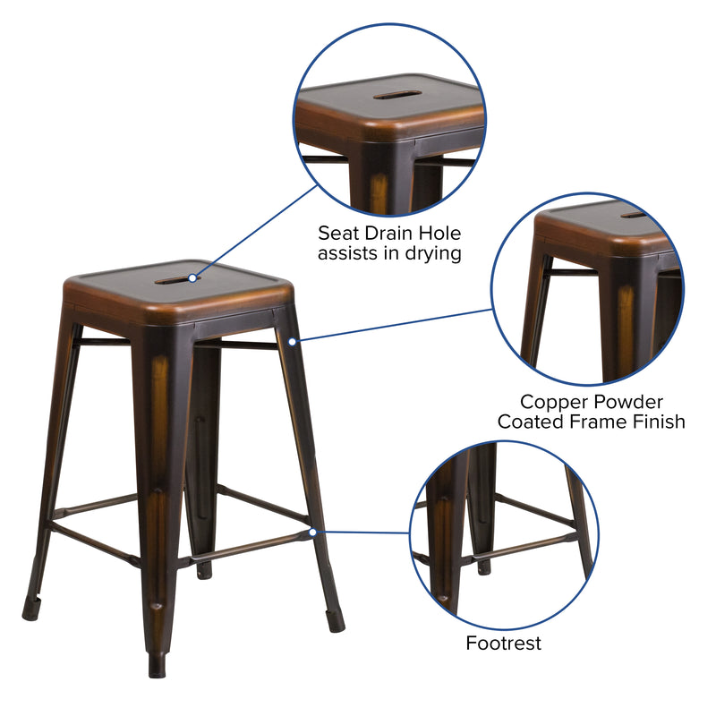 Commercial Grade 24" High Backless Distressed Copper Metal Indoor-Outdoor Counter Height Stool