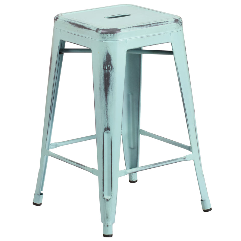 Commercial Grade 24" High Backless Distressed Green-Blue Metal Indoor-Outdoor Counter Height Stool